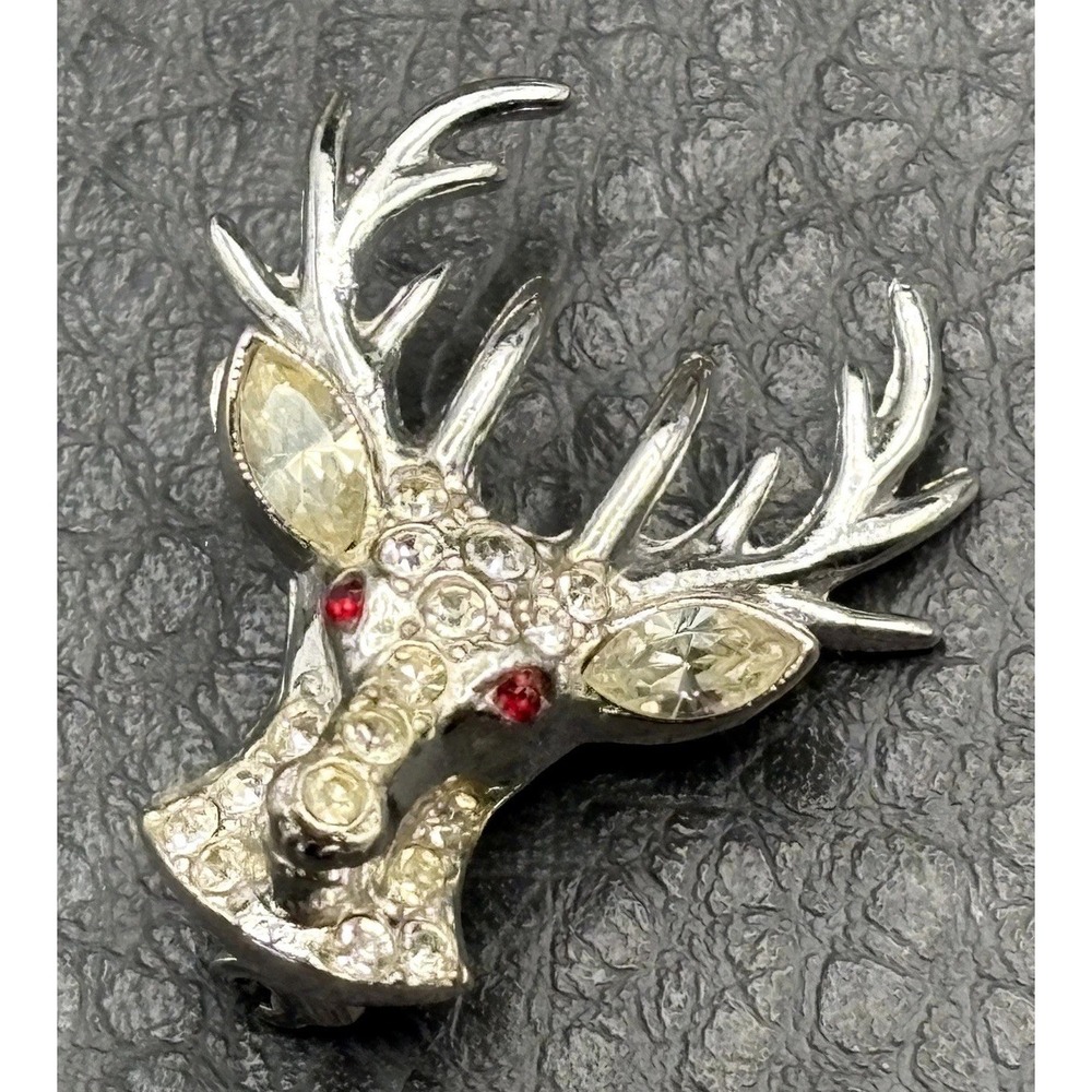 ORA Vintage Art Deco Reindeer Head Small Pin Crystal Rhinestone Ruby Eyes